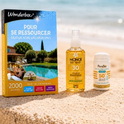 Une Wonderbox « Pour se ressourcer » une crème visage SPF50+ à l’acide hyaluronique Parasol un Mono…